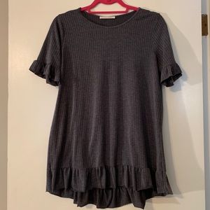 Ribbed Blue Blouse with Ruffle Short Sleeves